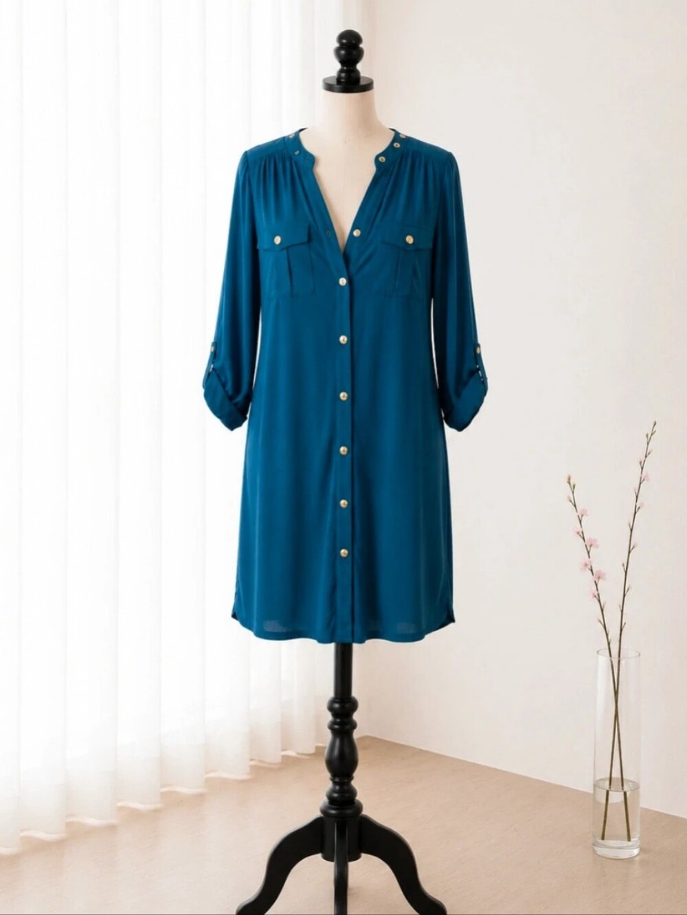 Michael Kors Teal Button-Front Shirt Dress with Gold Accents